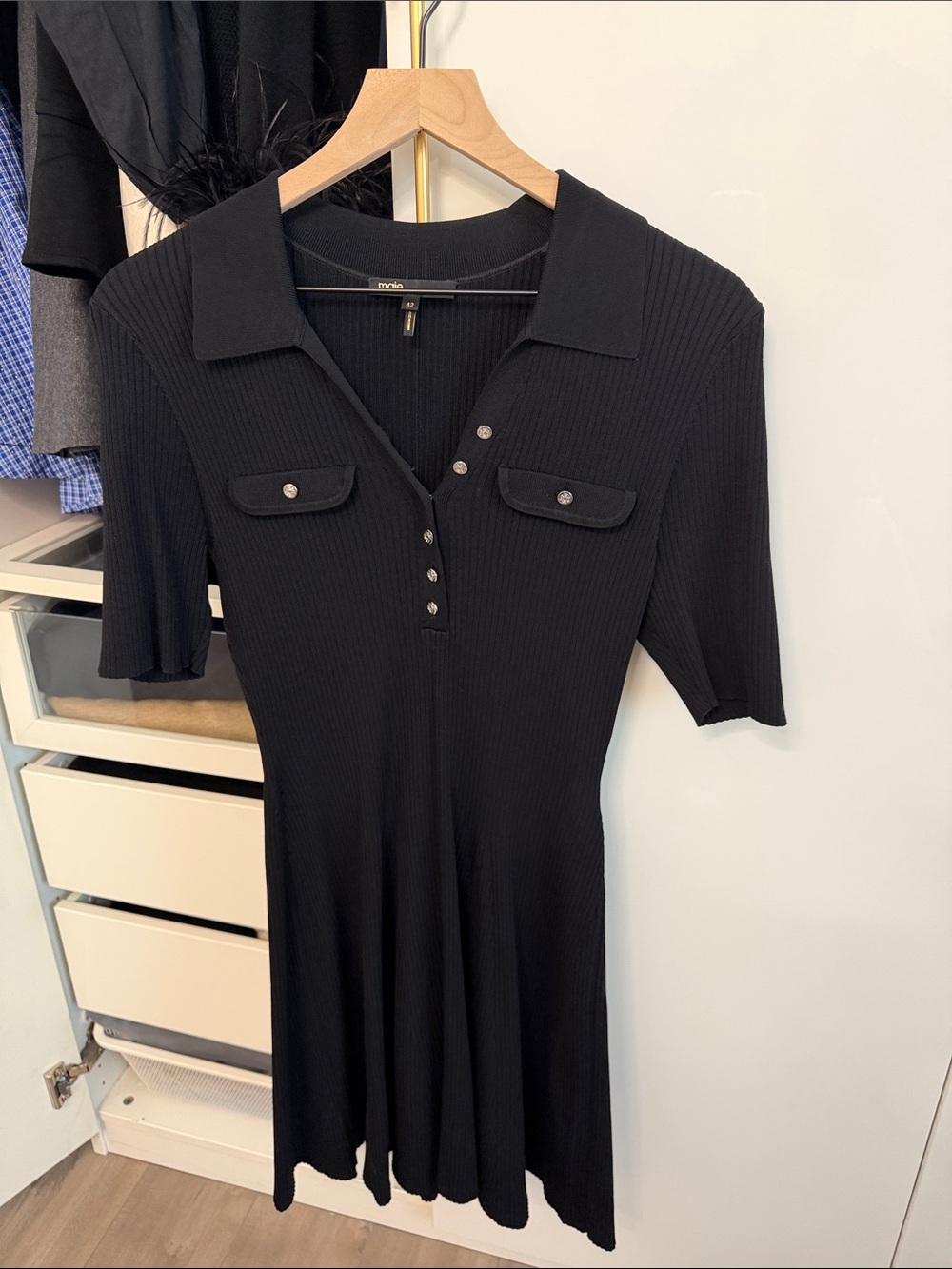 Maje Black Ribbed Polo Midi Dress with Button Placket